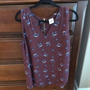 Cabi Women's Sleeveless Top - Burgundy with Blue Floral Print